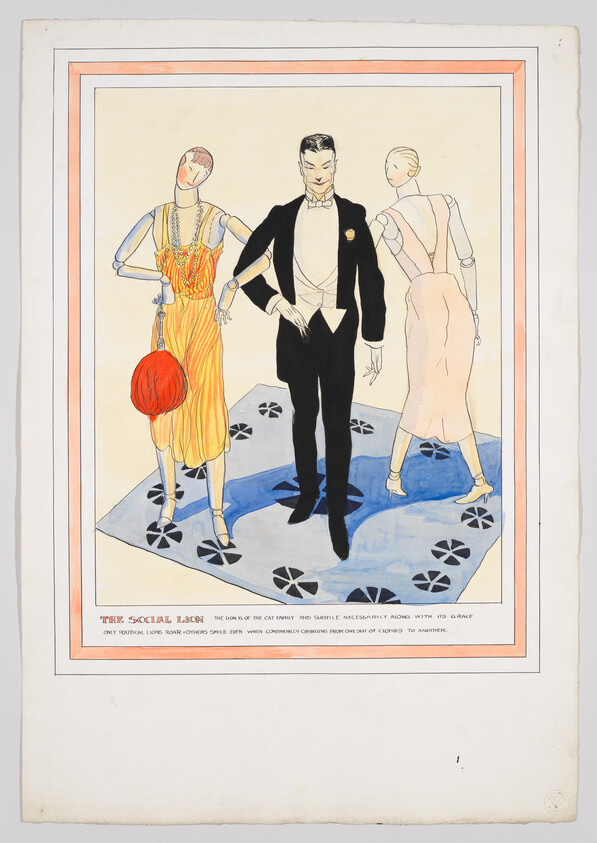 Illustration of two women and a man in 1920s fashion standing on a blue rug with black floral designs. The woman on the left wears a sleeveless, orange dress with draping beads and carries a red purse, while the woman on the right is in a sleeveless, pink dress with a low back. The man in the center is dressed in a black tuxedo with a white waistcoat and bow tie, holding a top hat and cane. The caption "THE SOCIAL LION" is printed below, with a humorous note comparing social lions to political ones. The image is bordered by a peach-colored frame on a white background.