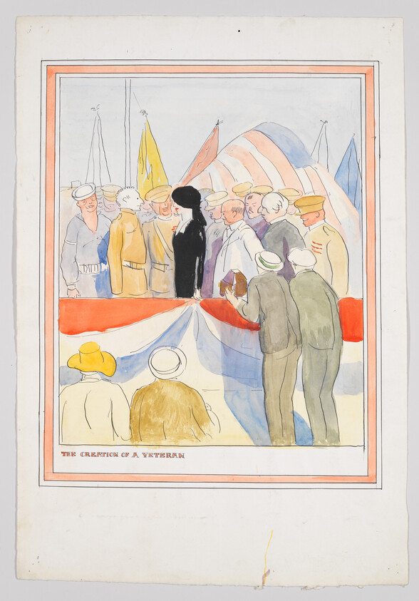 Illustration of a group of people, possibly at a ceremonial event, with a central figure in black silhouette against a backdrop of colorful, abstract shapes resembling tents or flags. The foreground shows onlookers from behind, with two figures in the bottom corners facing away, and the title "THE CREATION OF A VETERAN" at the bottom. The image has a watercolor quality with a pastel color palette, enclosed within a double-lined border.