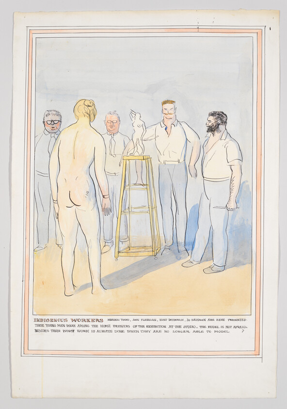 A watercolor illustration depicting a nude male model standing with his back to the viewer in an artist's studio, facing four clothed men. One of the men is sketching on a small canvas, another is observing the model, and the third is standing beside a stool with a small sculpture on it. The fourth man, with a beard, is looking towards the viewer. The bottom of the image includes a caption that reads "INDIGENOUS WORKERS" and lists the names Mahonri Young, John Flanagan, Hunt Diederich, and Jo Davidson as the home brewers of the exhibition at the studio. The caption also humorously notes that the model is not afraid and that their worst work is always done when they are no longer able to model. The drawing is framed with a light border, and the paper shows signs of age.