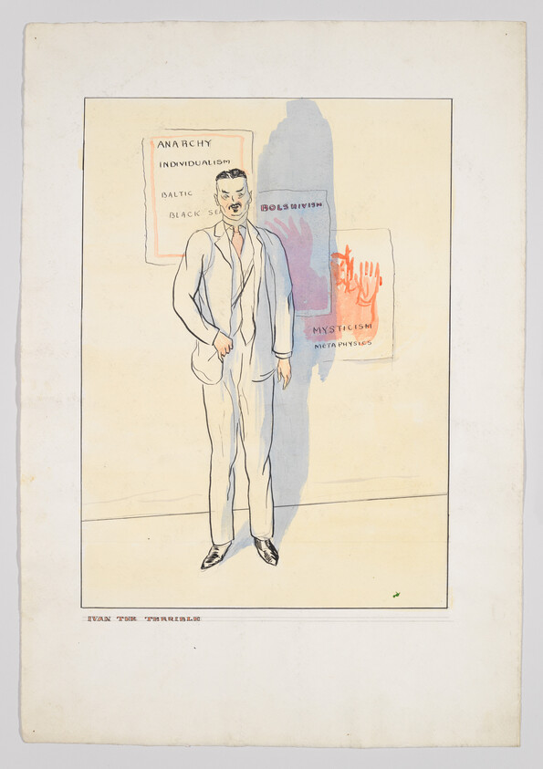 Illustration of a man in a white suit with a stern expression, standing in front of a background with various words and phrases such as "ANARCHY," "INDIVIDUALISM," "BOLSHEVISM," and "MYSTICISM." The artwork has a vintage feel and includes a mix of handwritten text and block letters, with a caption at the bottom reading "IVAN THE TERRIBLE."