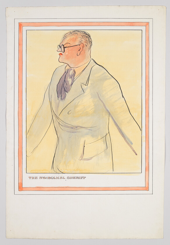 Illustration of a stout man in profile view with round glasses and a double chin, wearing a suit and a scarf. The man appears to be mid-stride with a confident posture. The image is bordered by a double frame in peach and red, with the caption "THE SYMBOLICAL SHERIFF" at the bottom.