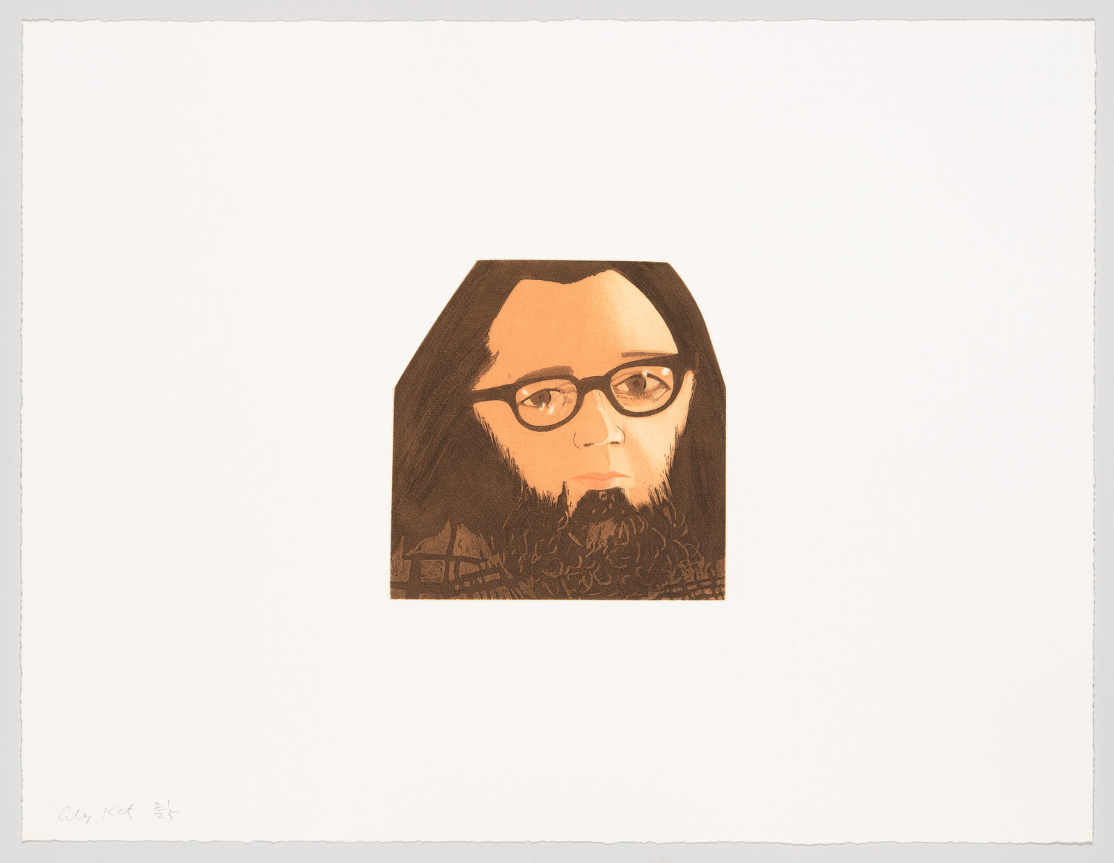 A centered stylized portrait of a bearded person wearing glasses on a large white background.
