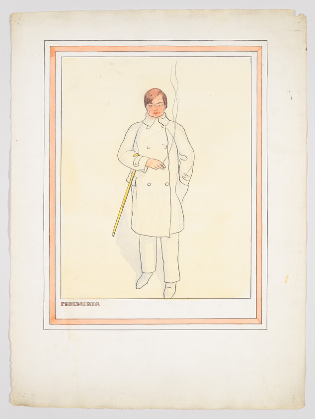 Illustration of a person standing in a relaxed pose, wearing a long coat, gloves, and holding a cane. The figure appears to be sketched in a simple style with minimal colors, predominantly in shades of beige, white, and yellow for the cane. The background is plain with a double border framing the image, and the word "PNEUMONIA" is written at the bottom. The paper shows signs of aging and wear around the edges.