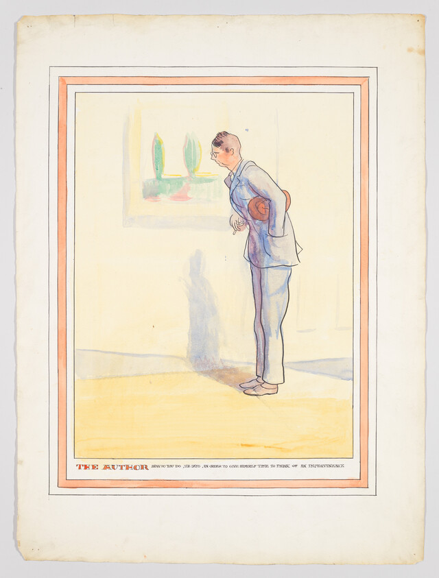 Illustration of a man in profile view, standing and looking at a framed picture on the wall. He wears a blue suit and holds a brown hat behind his back. The framed picture depicts three green cacti against a yellow background. Below the illustration is a caption that reads "THE AUTHOR" followed by a quote. The artwork has a peach-colored border and is mounted on a larger sheet of paper with signs of aging and wear.