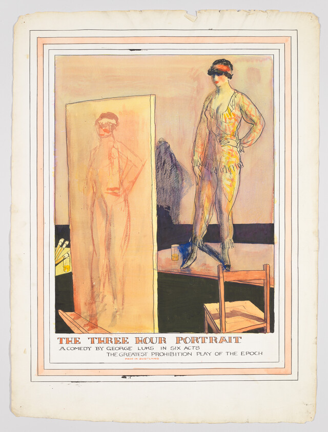 Vintage poster for "The Three Hour Portrait," a comedy by George Luks in six acts, depicting a colorful illustration of a woman in 1920s attire standing next to a painting of herself. The text at the bottom indicates it's the "greatest prohibition play of the epoch." The poster shows signs of age with some discoloration and wear around the edges.