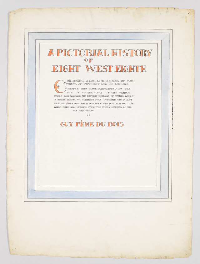 An aged document titled "A PICTORIAL HISTORY OF EIGHT WEST EIGHTH" by Guy Pène du Bois, featuring ornate text and a decorative border, with signs of wear and discoloration around the edges.