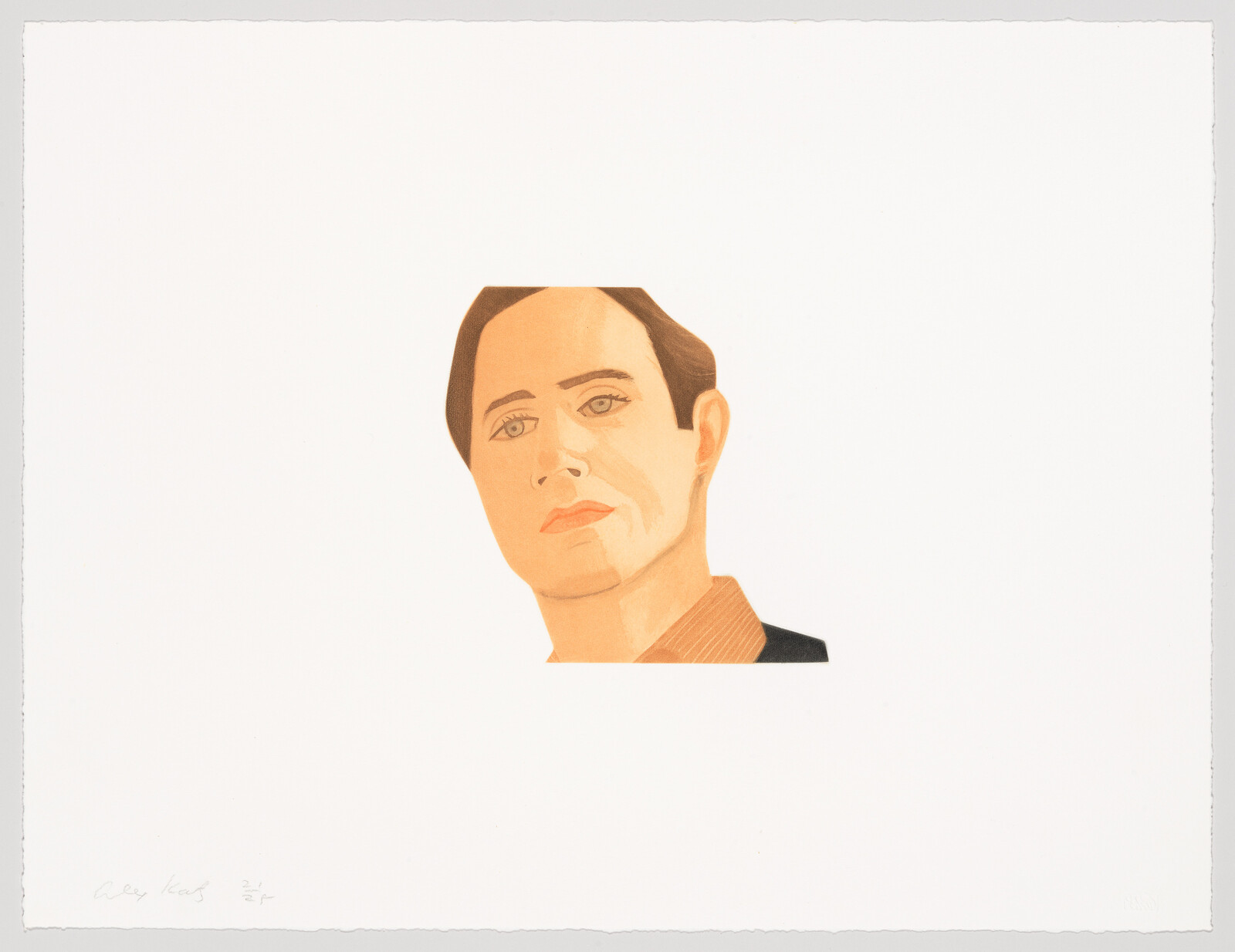 A cropped painted portrait of a woman looking slightly downward against a large white background.