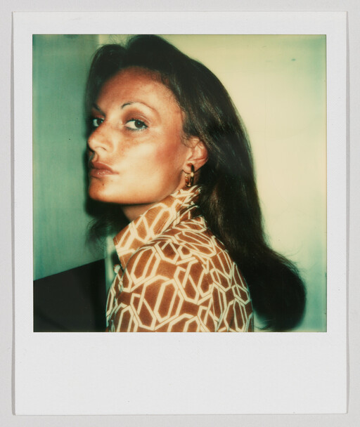 Woman with long dark hair and patterned shirt looks over her shoulder with a serious expression.