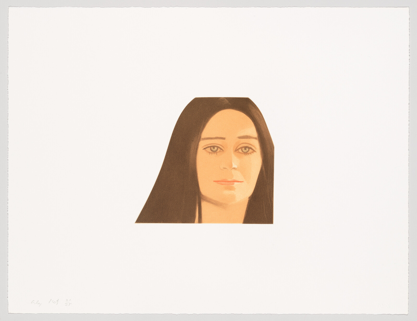A centered portrait of a woman with long dark hair and a calm, neutral expression.