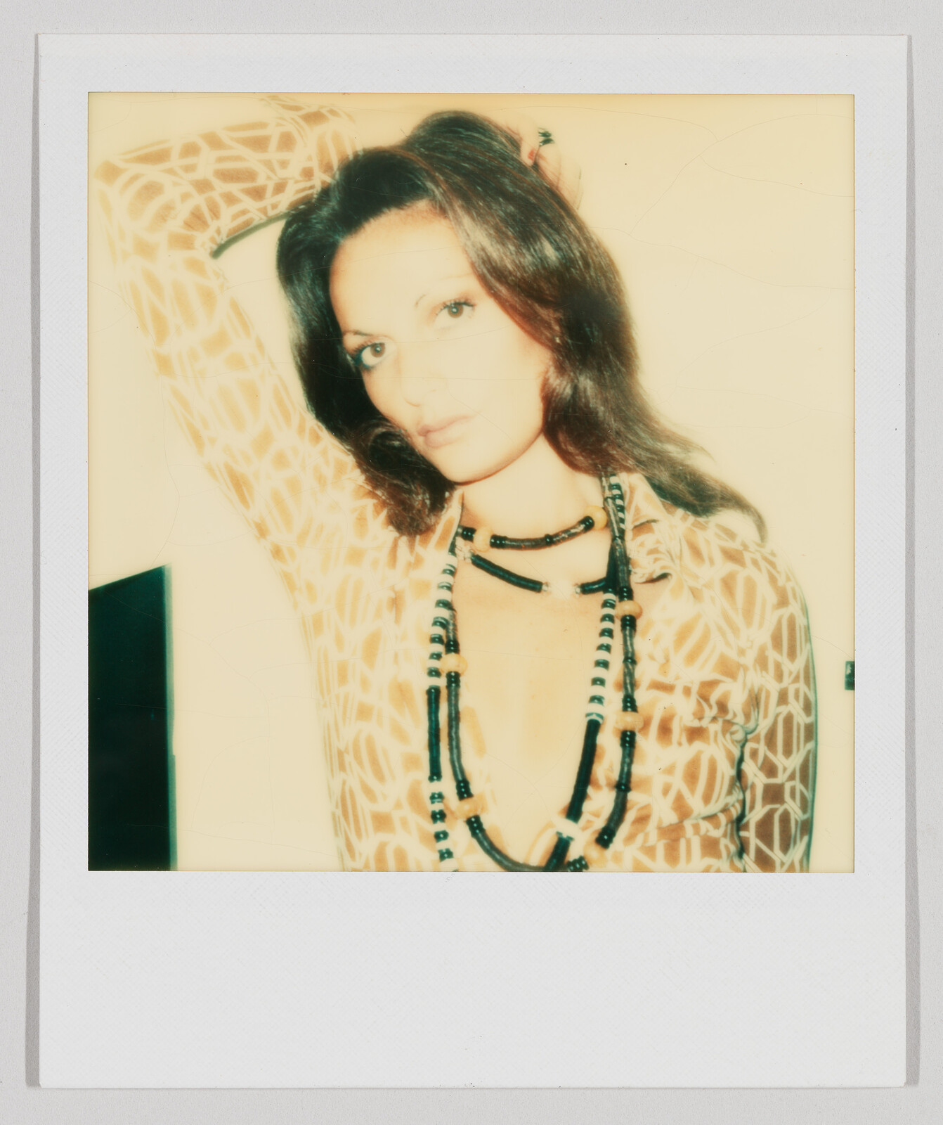 Woman with long brown hair wearing a patterned shirt and beaded necklaces, resting one arm on her head.