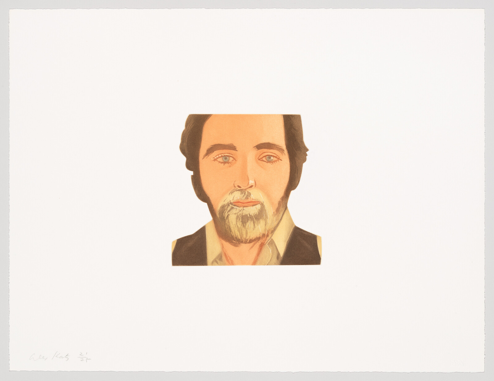 A centered painted portrait of a bearded man with blue eyes on a white background.