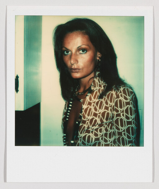 A woman with long dark hair stares at the camera wearing a geometric patterned shirt.
