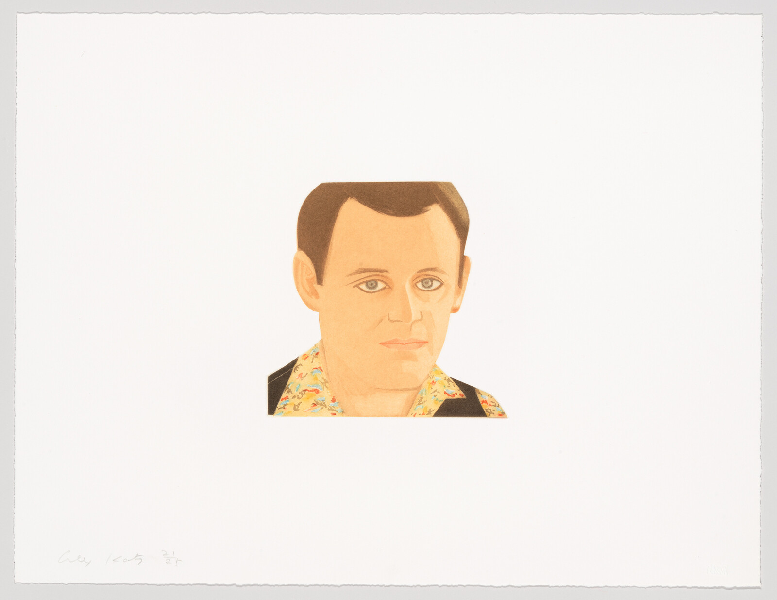 A centered stylized portrait of a man wearing a patterned shirt and dark vest.