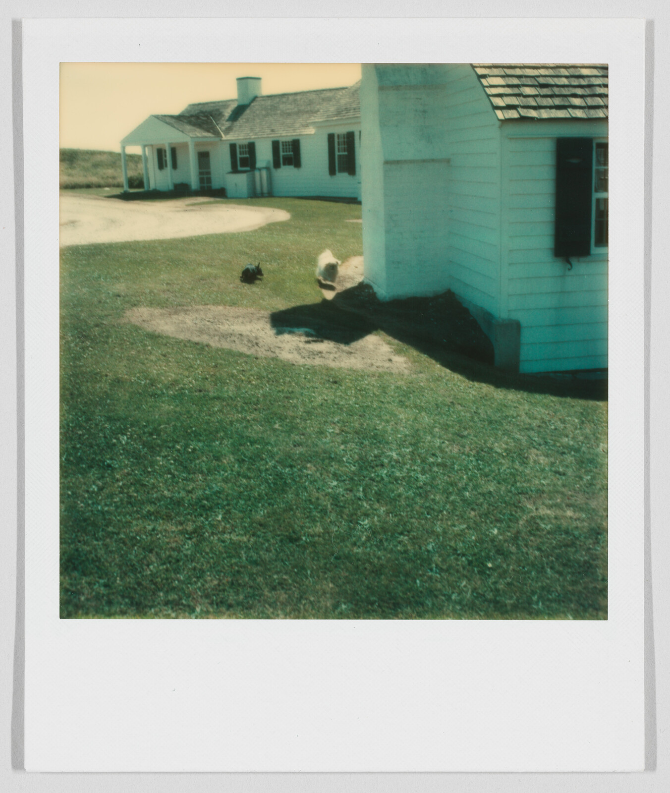 A person walks on grass near two white houses with black shutters on a sunny day.