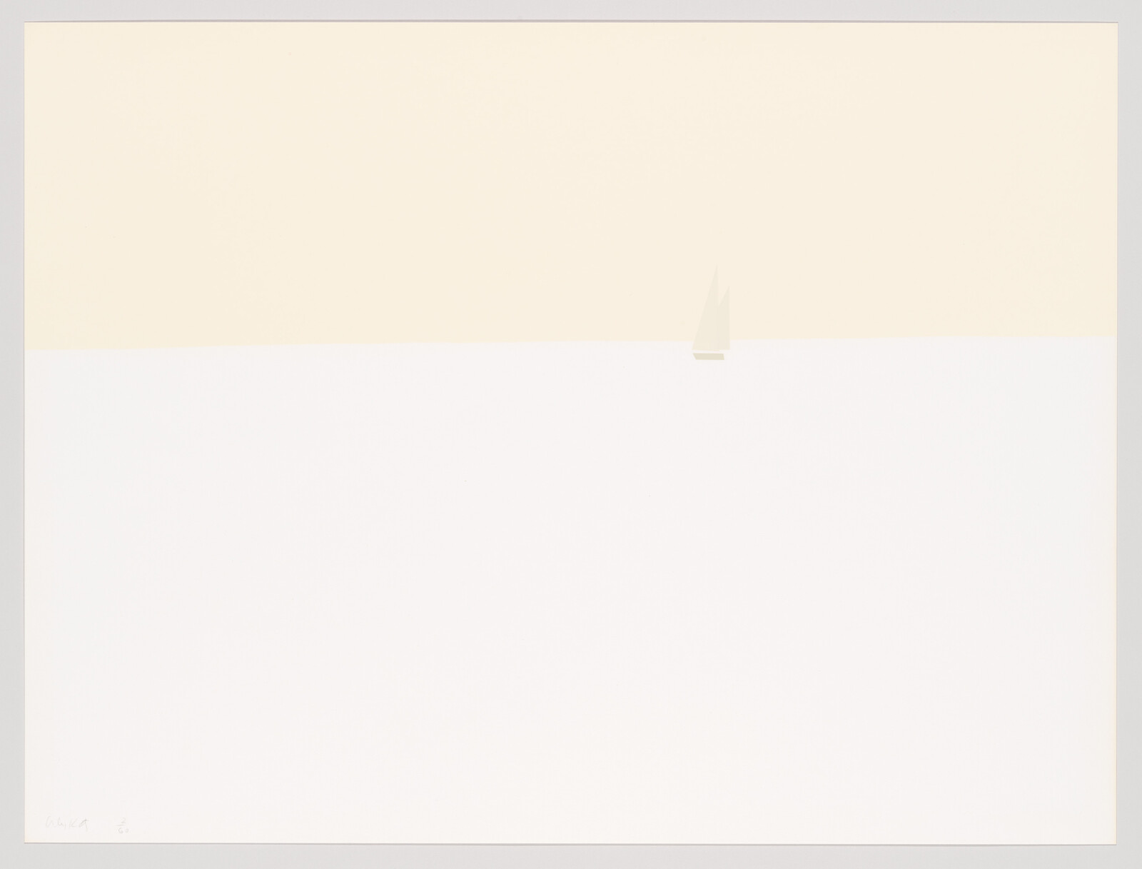 A small sailboat floats near the pale horizon above a wide, calm sea.