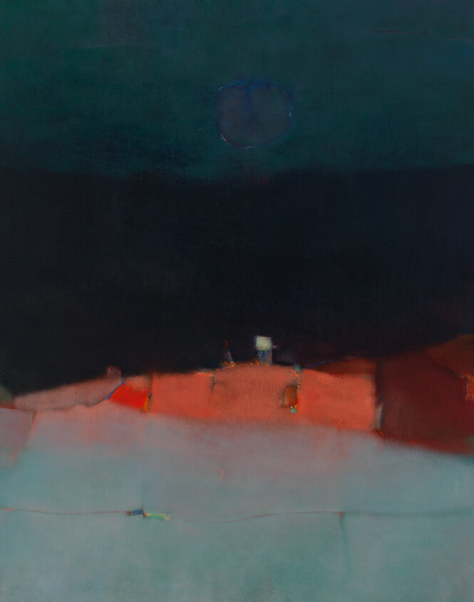 A dark night sky with a faint moon above a glowing red horizon and pale foreground.