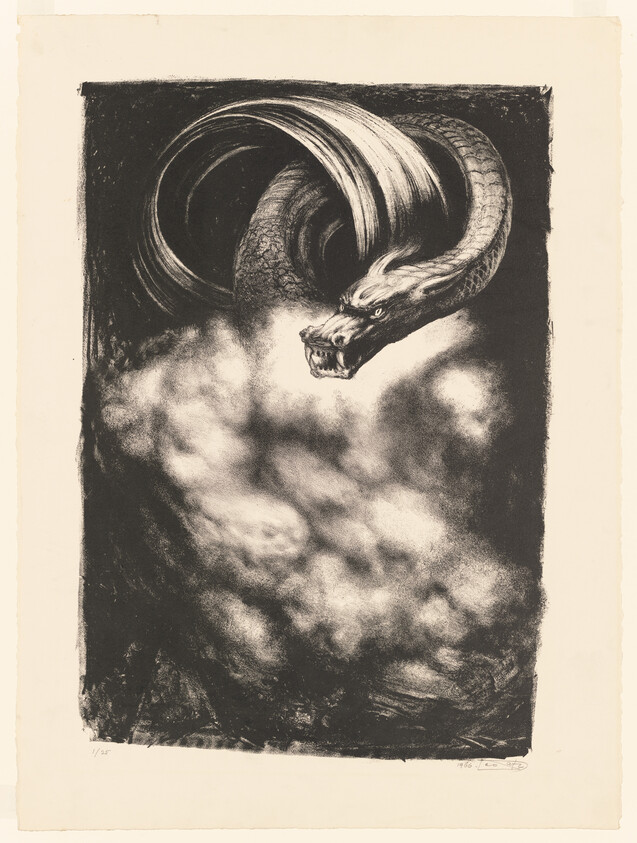 A large coiling dragon head emerges from swirling clouds, baring sharp teeth.