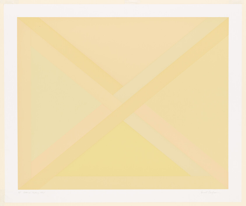 A pale yellow square with a soft X shape formed by overlapping translucent bands.