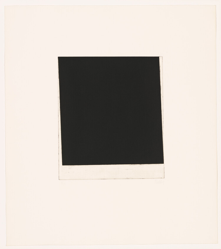 A slightly tilted solid black square centered on a white sheet with a thin bottom border.