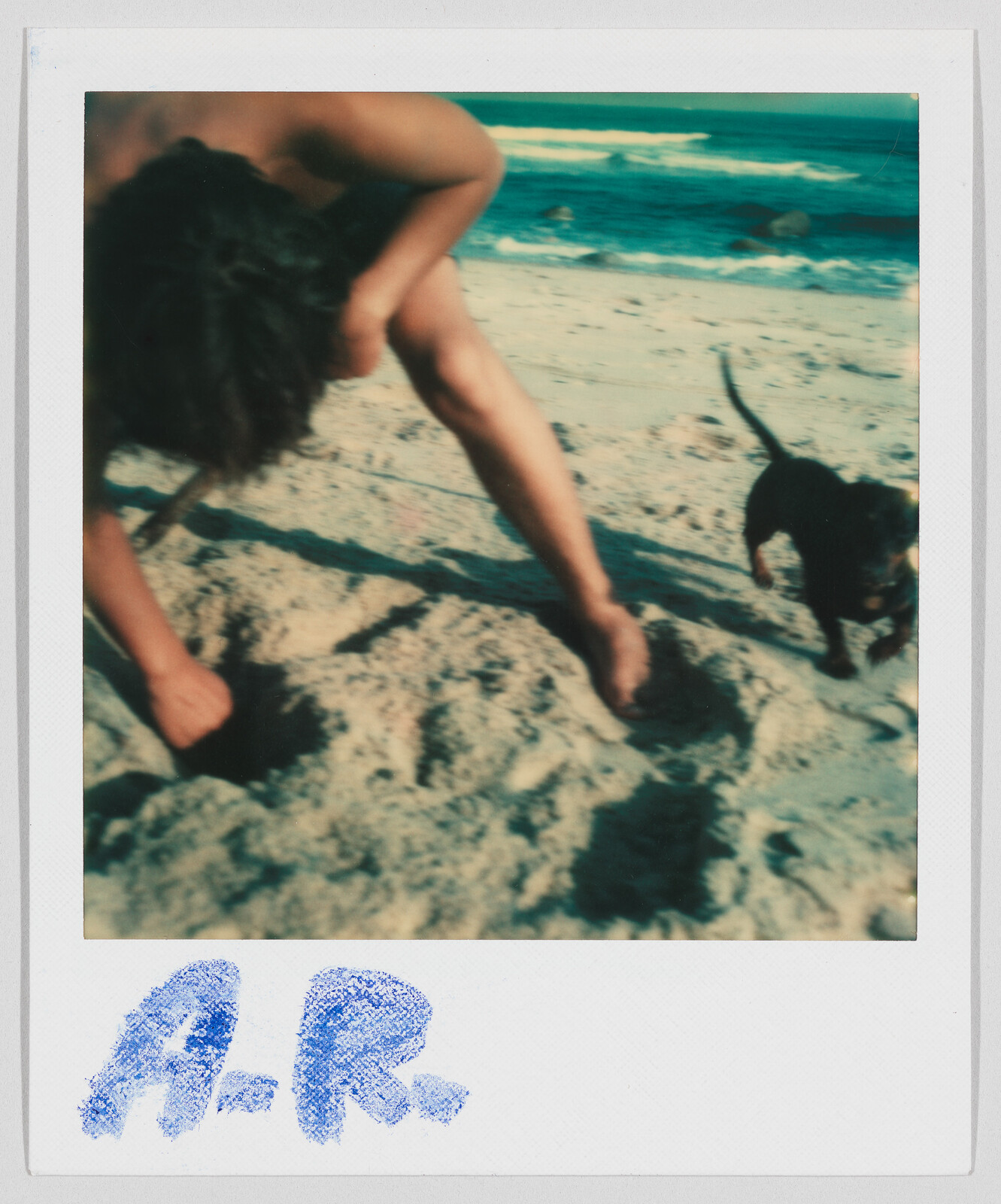 Person crouching on sandy beach while a small dog runs nearby; blue letters "A.R." written at the bottom.