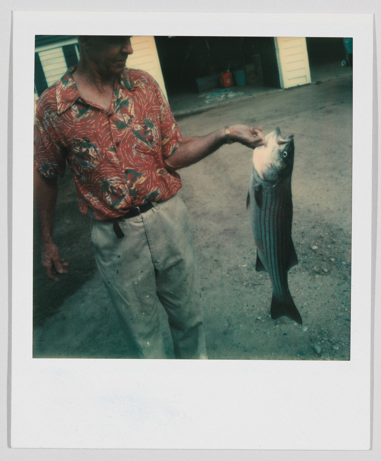 Man in a patterned shirt holding a large striped fish by the mouth outside a building.