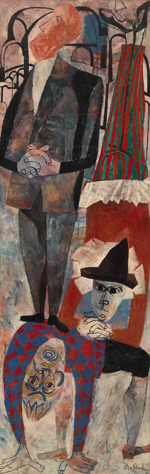 Three stylized figures stacked vertically: a standing man above a hat-wearing figure and an upside-down clown.