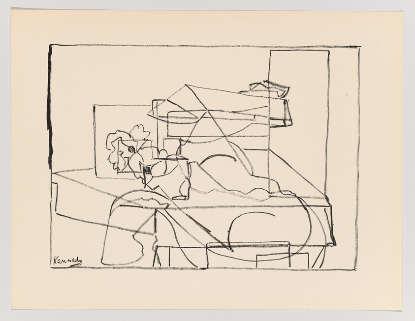 Contour drawing of a reclining female figure on a table with overlapping geometric shapes.