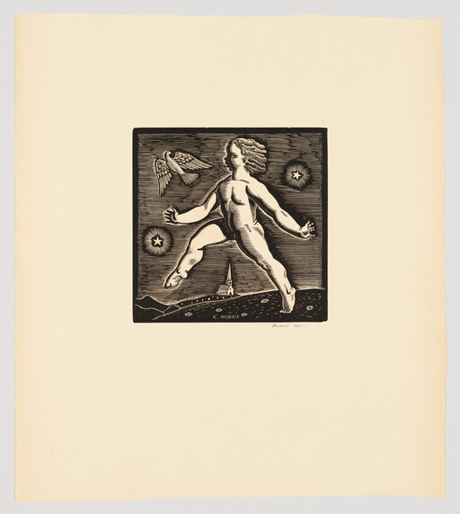 A large nude figure strides across a night sky above a village church while a bird flies nearby.