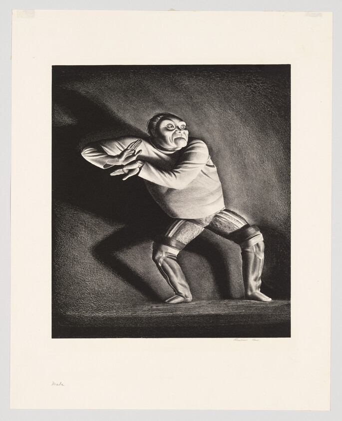 A performer in a dramatic crouch presses hands forward with a tense, alarmed expression.