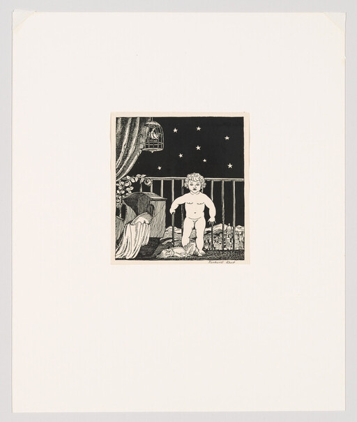 A small naked child stands on a balcony at night holding two walking sticks under stars.