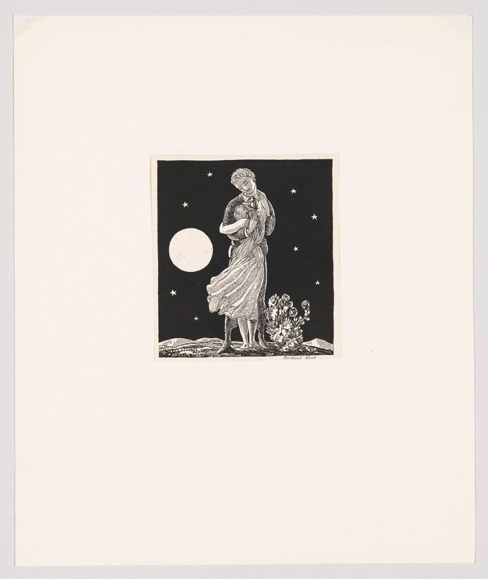 A black and white illustration depicting a classical figure, possibly a woman, standing under a starry sky with a large full moon. The figure is draped in flowing garments and appears to be in a contemplative pose, with flowers at her feet. The artwork is centered on a white background with the artist's signature at the bottom right.