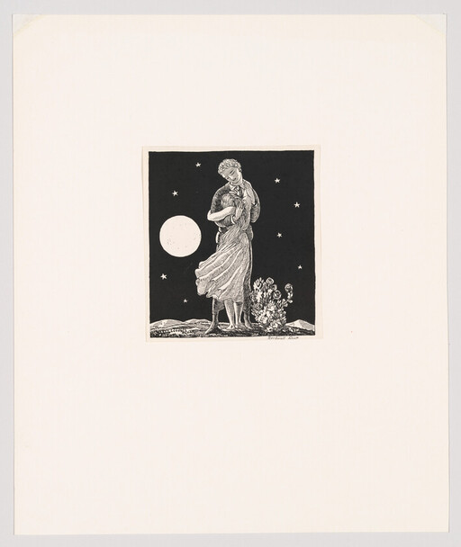 A woman stands under a full moon and stars, holding a small animal close to her chest.