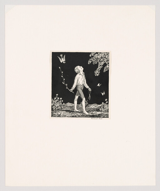 A barefoot youth walks holding leafy vines, looking up at birds against a dark sky.