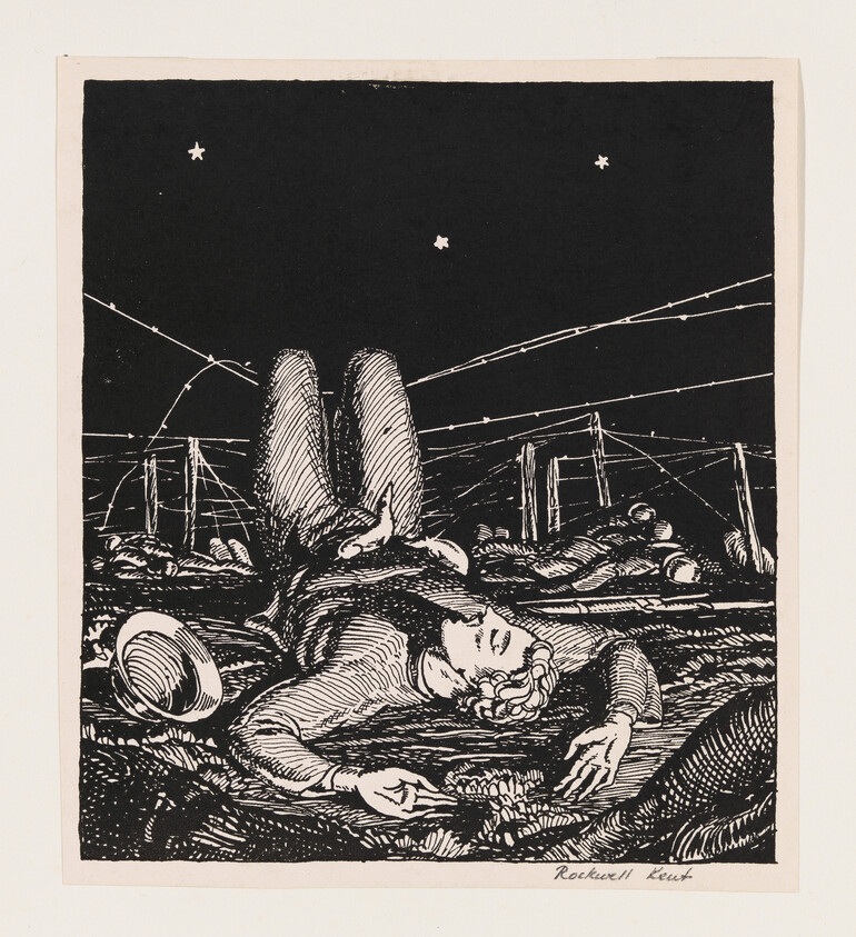 A black and white illustration depicting a person lying on their back on a rough surface, possibly at sea, with their knees bent upward and hands resting on the ground. The person is wearing a sailor's outfit and a hat lies beside them. The night sky above is dark with a few stars, and the outlines of ropes and part of a ship's structure are visible in the background. The artwork is signed "Rockwell Kent" at the bottom right.