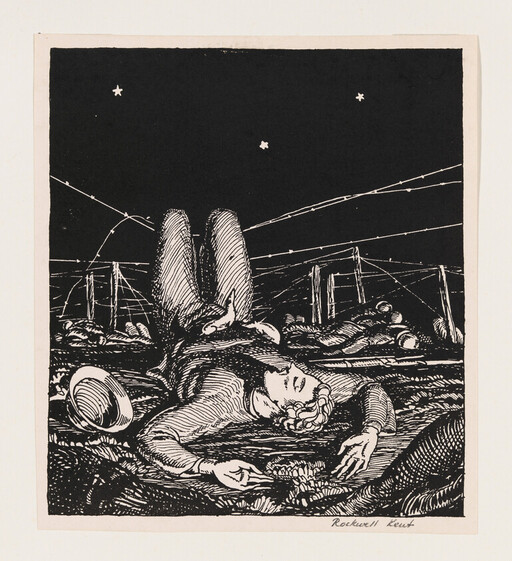 A soldier lies motionless on his back amid barbed wire and scattered gear under a starry sky.