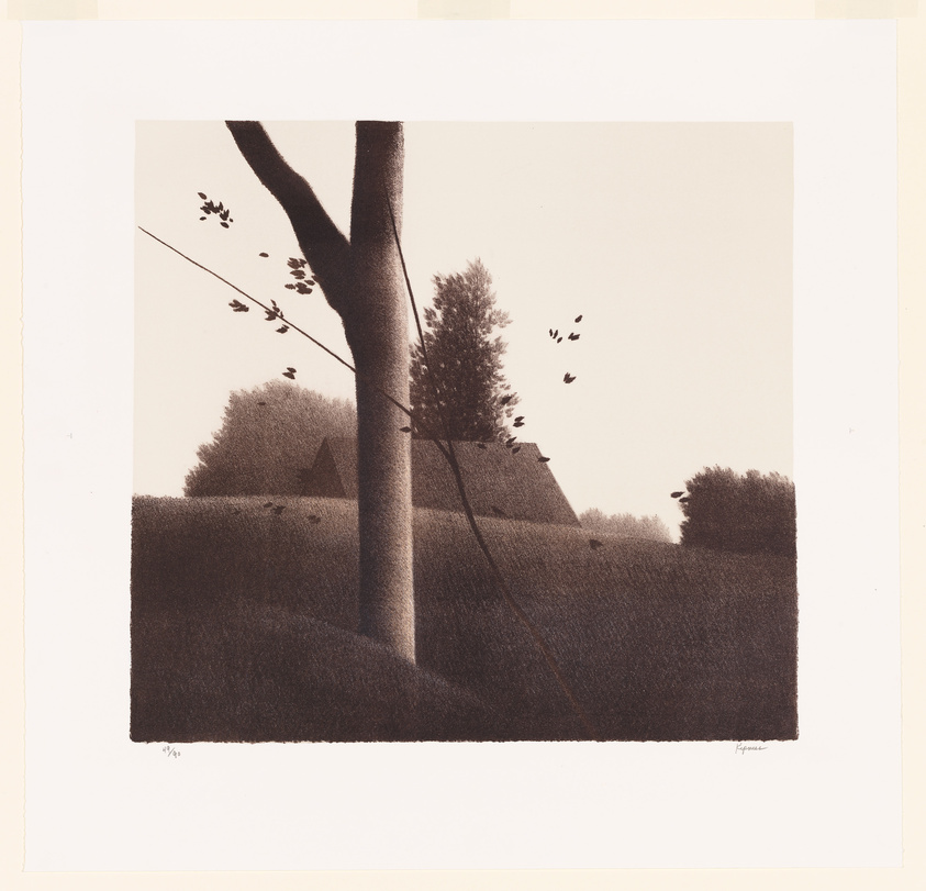 A sepia-toned print depicting a serene landscape with a prominent tree in the foreground, its trunk bifurcating into two main branches. A few leaves cling to the branches, and a flock of birds is captured mid-flight in the background. Gentle hills or mounds dotted with sparse vegetation and a couple of small triangular structures, possibly houses, are visible in the distance. The image conveys a quiet, pastoral scene with a soft, textured appearance.