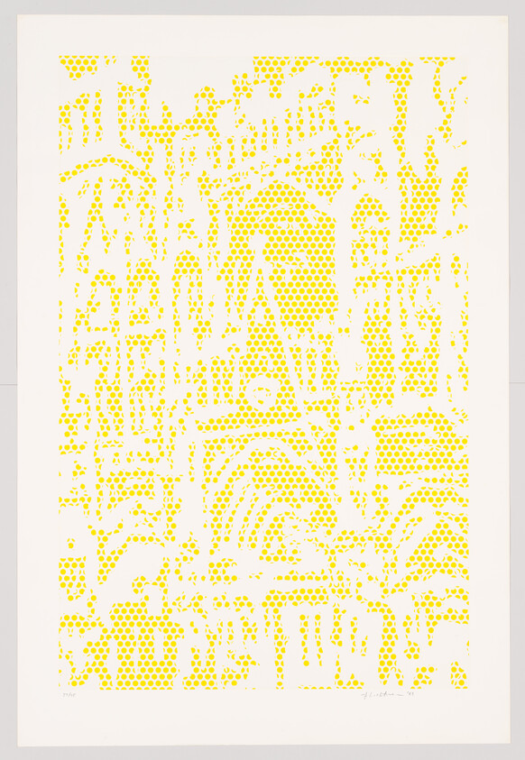 Yellow dotted halftone pattern forming abstract architectural shapes and arch-like forms on white paper.
