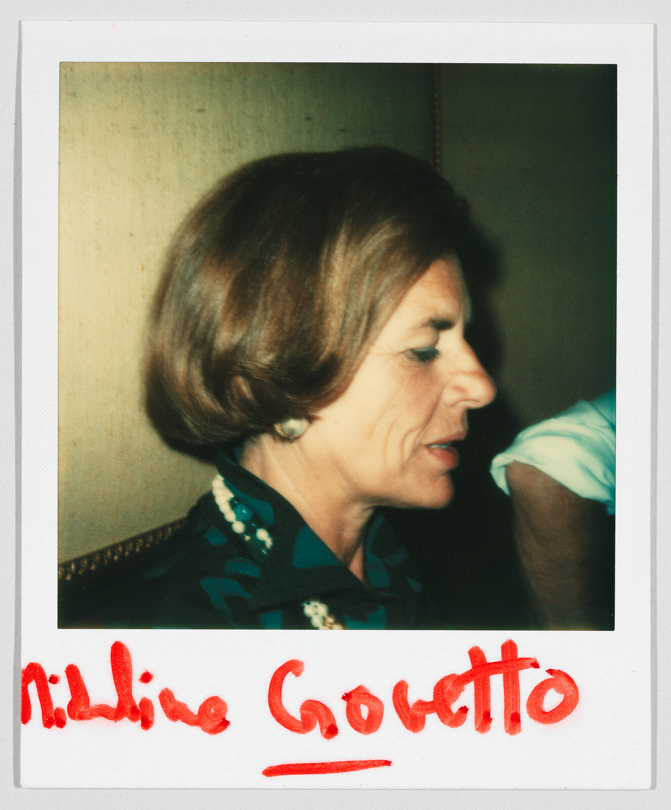 Woman with short brown hair in profile, wearing earrings and a patterned shirt. Red text reads "Nidline Gowetto."