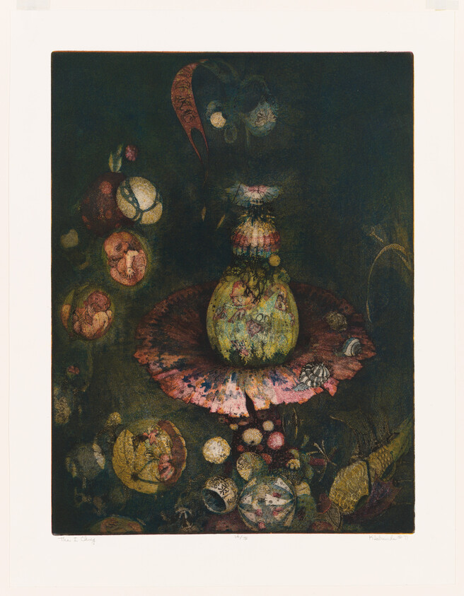 A surreal arrangement of decorated eggs and a central ornate vase resting on a pink frilled pedestal.