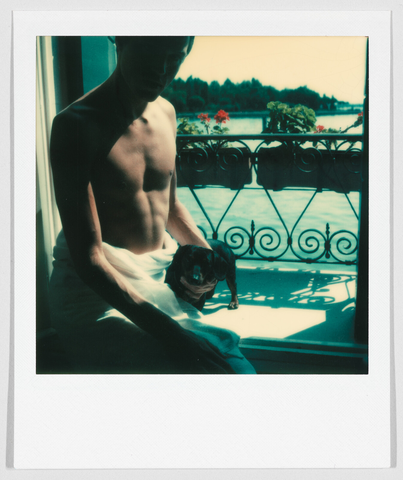 Shirtless person sitting by a balcony railing holding a small dog, with a water view and trees in the background.
