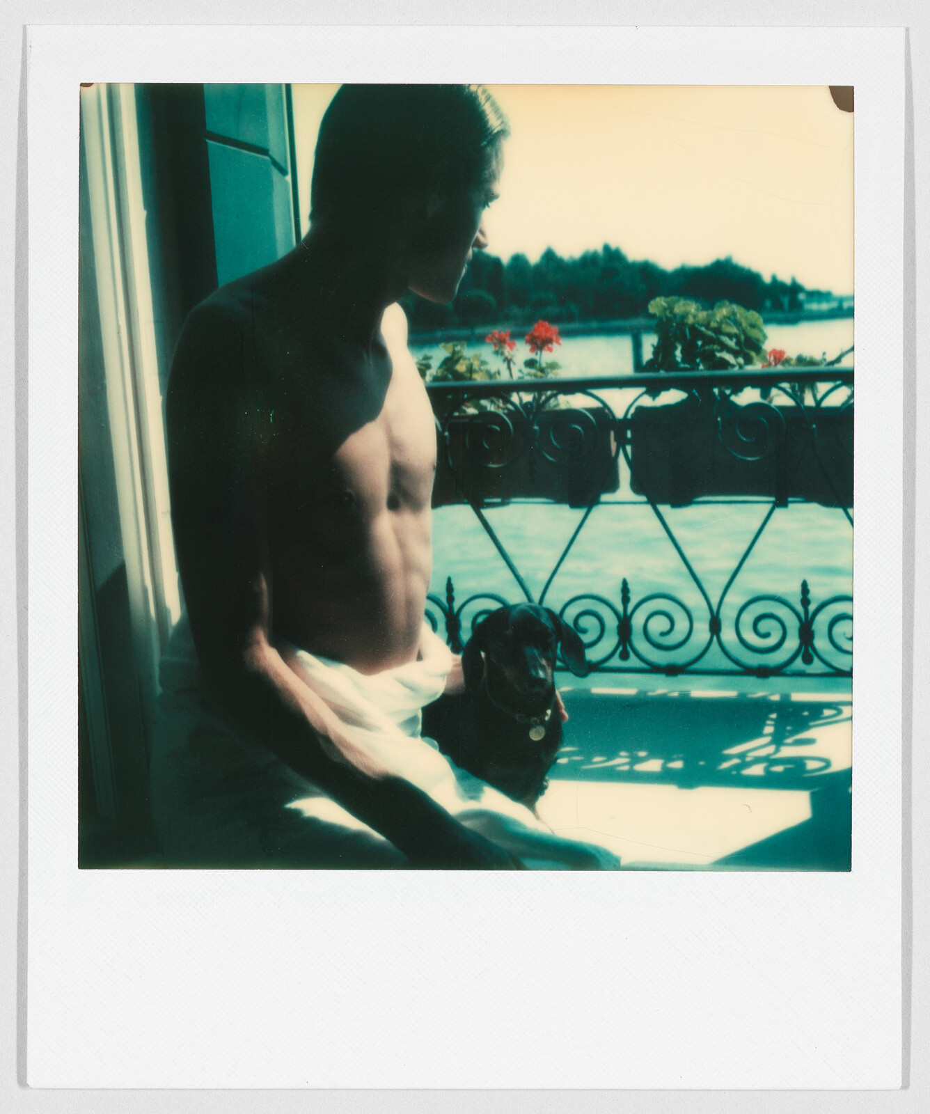 A shirtless person sits by a window with a small dog, looking outside toward a lake and trees.