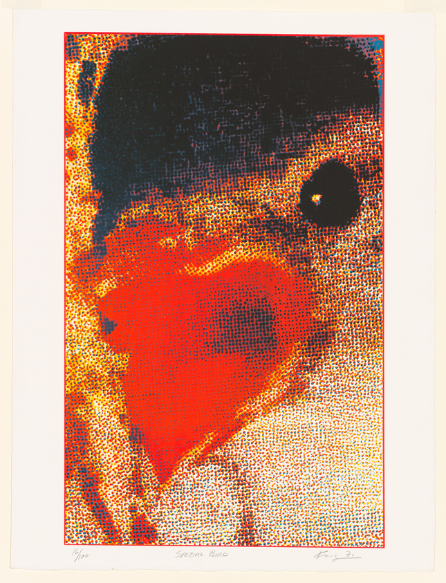 A colorful, pixelated print of a woman's profile with vibrant red and orange tones dominating the image, contrasted by a dark silhouette of her hair and features. The artwork has a signature in the bottom right corner and is numbered on the bottom left, indicating it's part of a limited series.