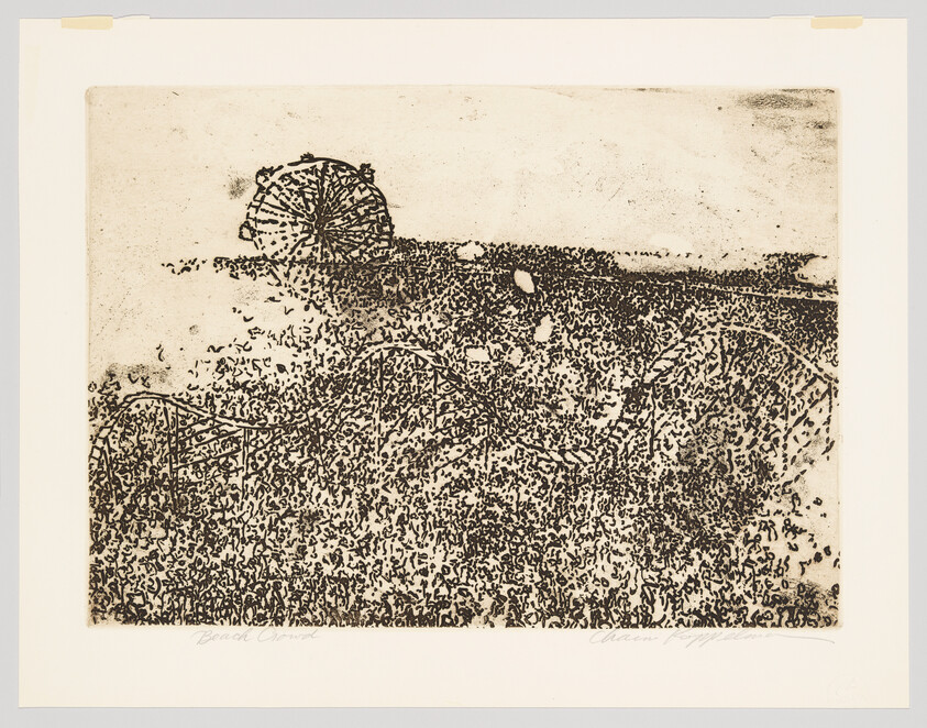 Crowded amusement park scene with a Ferris wheel rising above a dense mass of people.