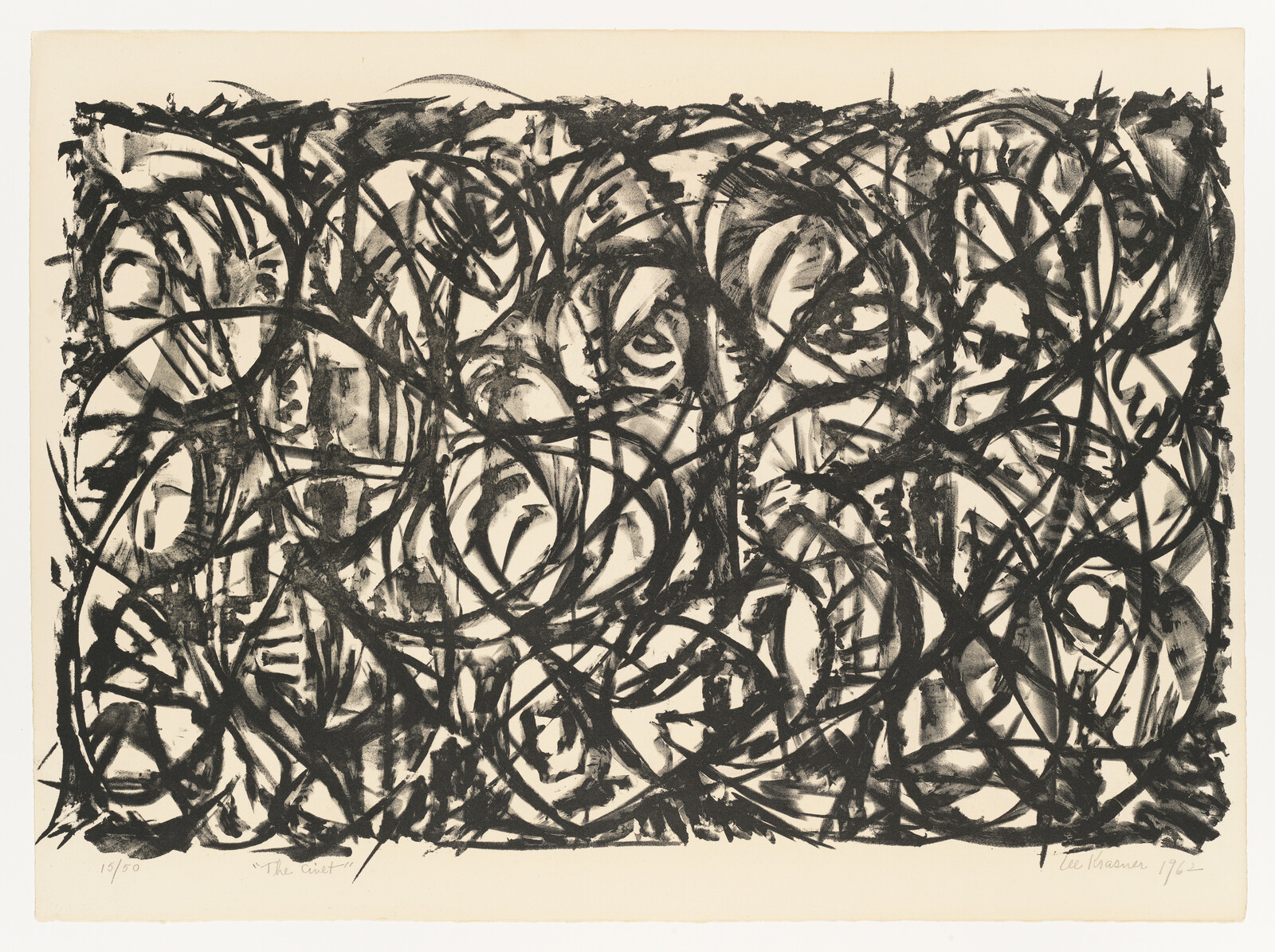 Dense black ink loops and gestural marks cover the paper in a chaotic abstract composition.