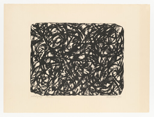 Dense black tangled brushstrokes form a rounded rectangular abstract composition on beige paper.