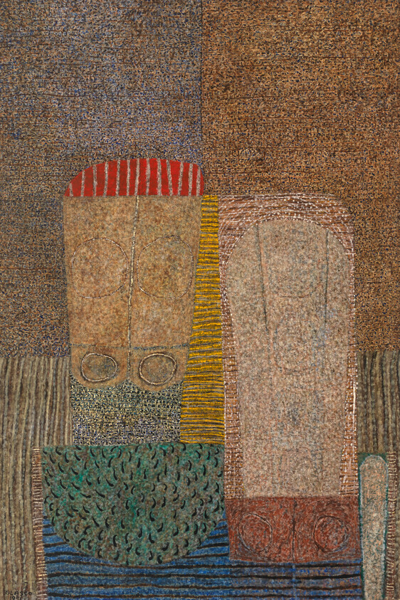 Abstract textured painting featuring two dominant vertical forms resembling stylized figures with geometric shapes and patterns in earthy tones. The left figure has a semi-circular head with red and white stripes, while the right figure has a rectangular head. Both have circular motifs that suggest eyes. The background and figures are composed of intricate, small markings and varied textures, creating a rich, tapestry-like effect. The artist's signature "GLASCO" is visible at the bottom left.