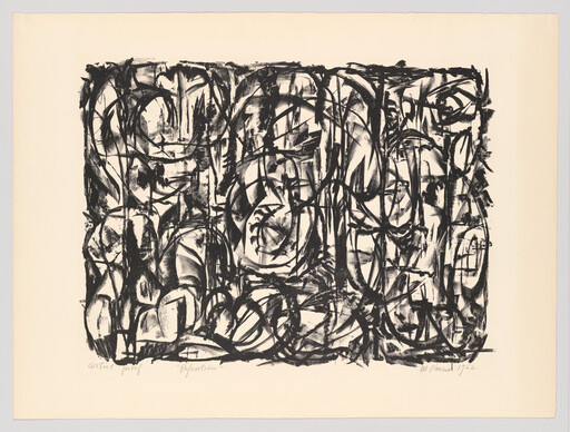 Dense black abstract brushstrokes form tangled circular and vertical marks within a cream paper border.