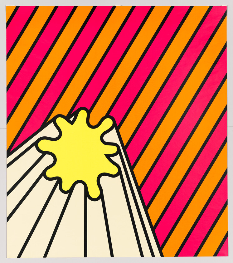 Yellow splash-like sun sits atop a striped cone against diagonal pink and orange background.