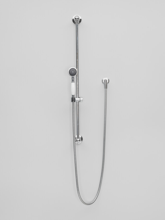 A chrome handheld shower head mounted on a vertical rail with a long flexible hose.