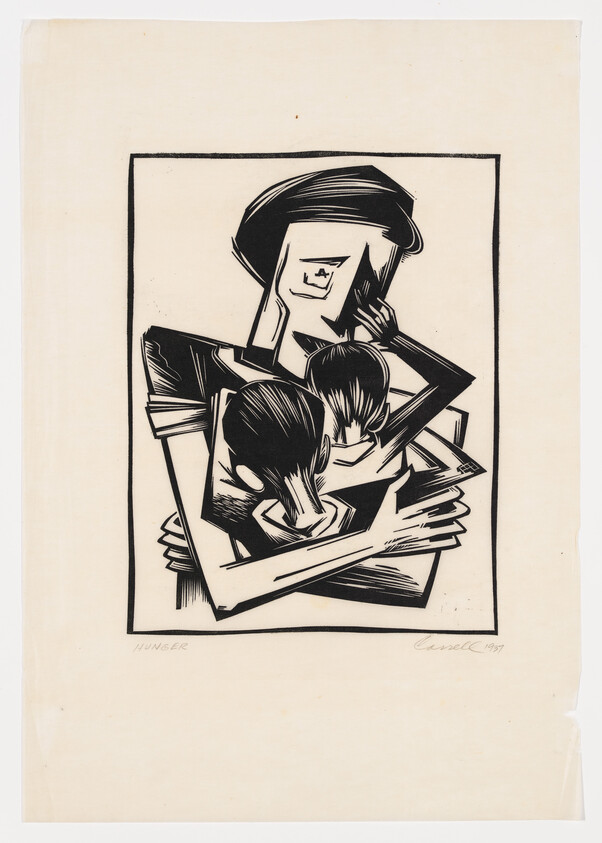 A black and white expressionist woodcut print titled "Hunger," created in 1937, depicting stylized figures with exaggerated features in a state of despair, with one prominent figure holding their head in their hands. The artwork conveys a strong sense of emotion and social commentary.